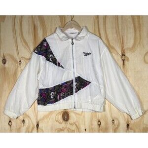 Vintage Reebok Jacket Womens M White Colorblock Windbreaker Full Zip Retro Sport